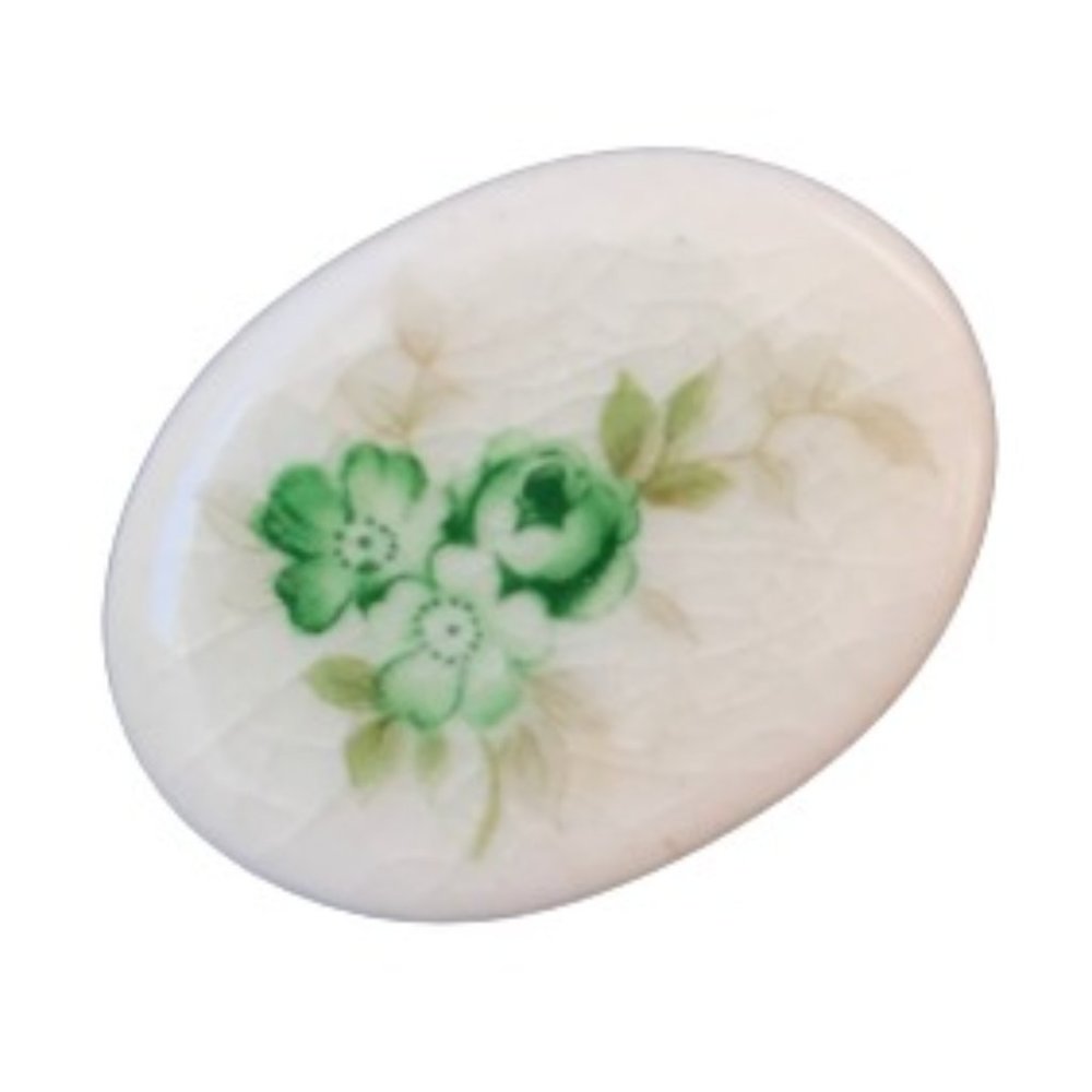 Vintage White Green Floral Cameo Ceramic Brooch